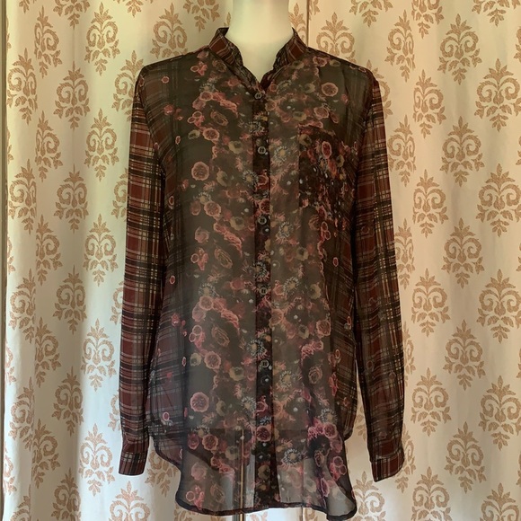 A.B.S. Denim Collection plaid & floral sheer top M - Picture 3 of 13